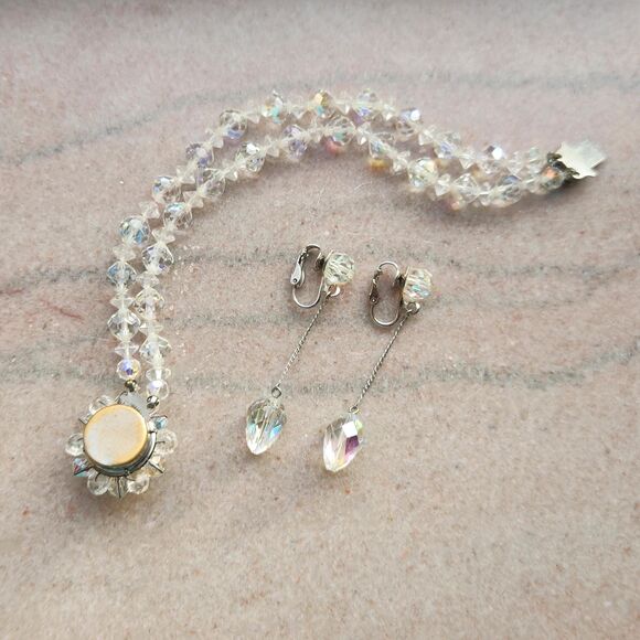 Bracelet & Dangle Earrings Set AB Crystal Bead Double Strand Wedding VTG Jewelry - Picture 4 of 13
